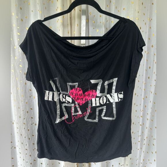 HUGS & HONIS Hawaiian Designer Signature Graphic Cowl Neck Stretchy Blouse Top L - Picture 2 of 5